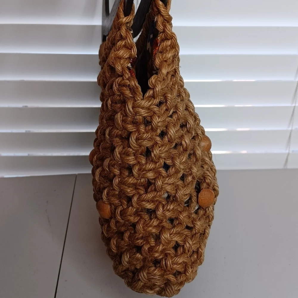 Vintage Boho Macrame Beaded Natural Wood Handbag